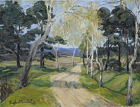 Siegfried Donndorf : Dirt road between birch trees.