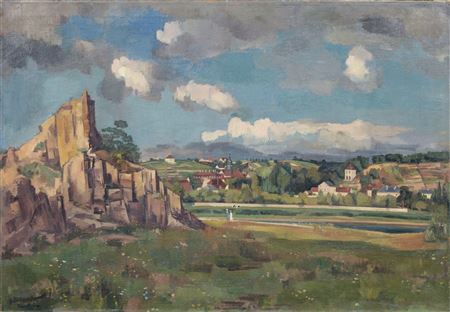 Karl Kroner : Landschaft mit Felsen (Blick über die Elbe auf Diesbar).