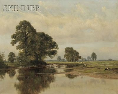 Clarence Ball : River View with a Resting Shepherd and His Grazing Flock