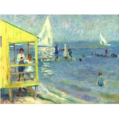 William James Glackens : Yellow Bath House and Sailboat, Bellport, Long Island