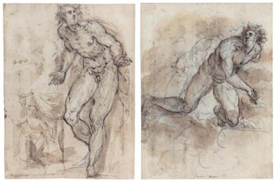 Francesco Maffei : RECTO: STUDY OF A MALE NUDE AND A SMALL SKETCH OF THE VIRGIN ANNUNCIATE; & VERSO: MALE NUDE KNEELING