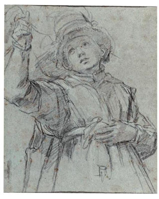 Bernardino Poccetti : STUDY OF A YOUNG MAN, WEARING A HAT, HIS ARM RAISED