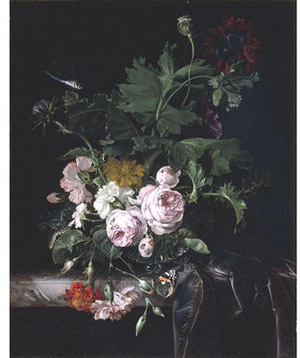 Willem van Aelst : PEONIES, CARNATIONS, THISTLES AND OTHER FLOWERS IN A GLASS VASE ON A PARTLY DRAPED MARBLE LEDGE WITH A BUTTERFLY AND A DRAGONFLY