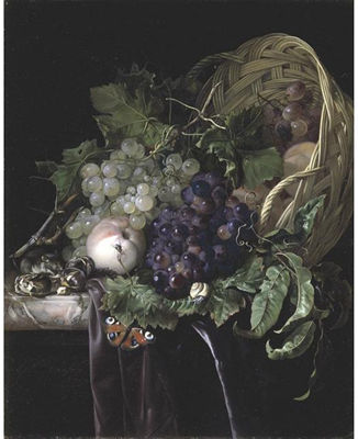 Willem van Aelst : PEACHES, CHESTNUTS AND GRAPES IN AN OVERTURNED BASKET RESTING ON A PARTIALLY DRAPED MARBLE LEDGE