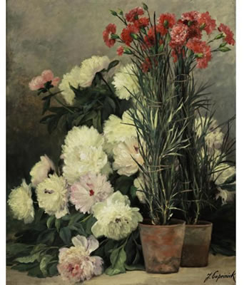 Jean Capeinick : PEONIES AND RED CARNATIONS