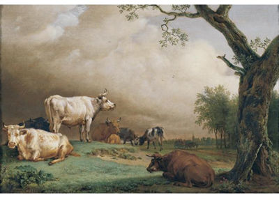 Paulus Potter : CATTLE IN A FIELD, WITH TRAVELLERS IN A WAGON ON A TRACK BEYOND AND A CHURCH TOWER IN THE DISTANCE, A RAIN STORM APPROACHING