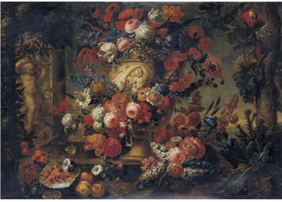 Jean Baptiste Bosschaert : A VILLAGE STREETSTILL LIFE OF FLOWERS IN A SCULPTED VASE RESTING ON A STONE LEDGE WITH FRUIT, A PARROT AND A FOUNTAIN WITH A PUTTO AND DOLPHIN, IN A LANDSCAPE