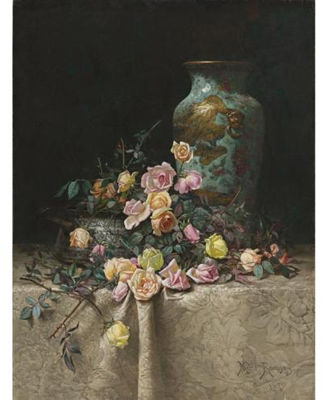 Milne Ramsey : Roses and an Oriental Vase on a Brocade Tablecloth