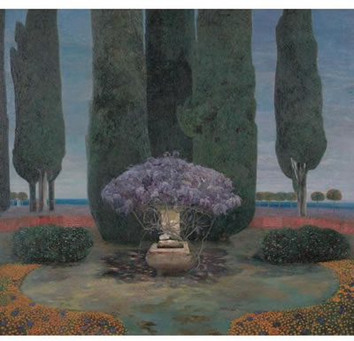 Karl Mediz : GLYZINIENBRUNNEN VOR ZYPRESSEN (WYSTERIA FOUNTAIN AND CYPRESS TREES)