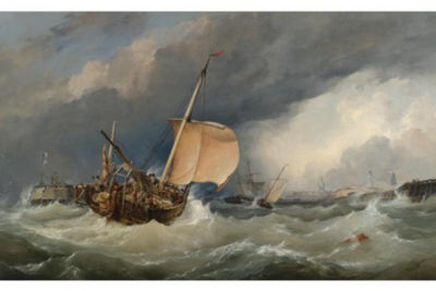 Edward William Cooke : FRENCH LUGGER RUNNING INTO CALAIS