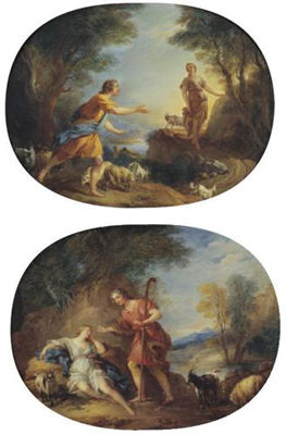 François Lemoyne : Daphnis standing before the Sleeping Chloe; The Meeting of Daphnis and Chloe (Pair)