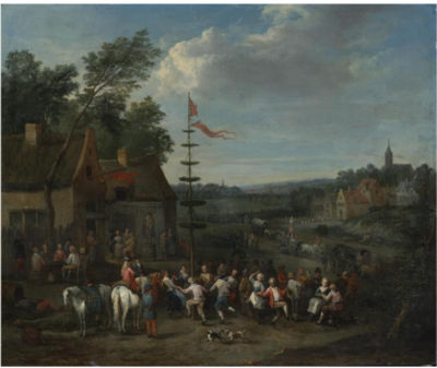 Karel Breydel : A VILLAGE FAIR WITH FIGURES DANCING AROUND A MAYPOLE