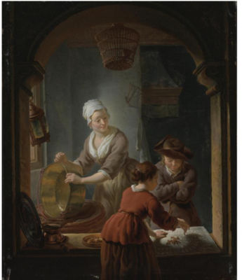 Louis Moni : AN INTERIOR WITH A KITCHEN MAID CLEANING A COPPER POT AND A YOUTH AND YOUNG WOMAN PLAYING JEU DE L'OIE