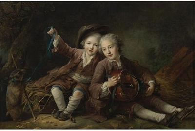 Francois-Hubert Drouais : THE CHILDREN OF THE DUC DE BOUILLON DRESSED AS MONTAGNARDS; ONE PLAYING A HURDY-GURDY, THE OTHER PLAYING WITH A MARMOT ON A RIBBON