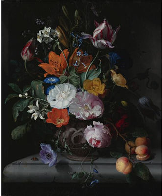 Jacob van Walscapelle : A STILL LIFE OF FLOWERS AND A BRANCH OF PEACHES IN A SCULPTED VASE, STANDING ON A LEDGE