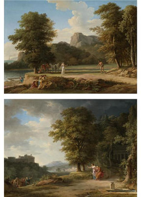 Pierre Henri Valenciennes : A CLASSICAL LANDSCAPE WITH A VIEW OF COLONUS, THE EUMENIDES TEMPLE ON MOUNT CITHERON, OEDIPUS AND HIS DAUGHTER ANTIGONE BEGGING THE VILLAGERS WHO WANT TO EXPEL THEM FROM THEIR SACRED GROUND; & A CLASSICAL LANDSCAPE WITH ULYSSES IMPLORING THE ASSISTANCE OF