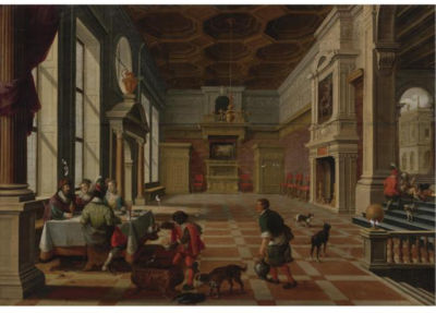 Bartholomeus Van Bassen : INTERIOR OF A PALACE WITH ELEGANT FIGURES DINNING