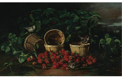 Edward Chalmers Leavitt : STILL LIFE WITH STRAWBERRIES AND SPARROWS