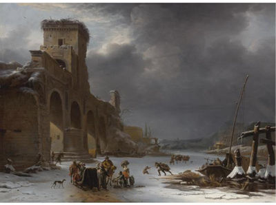 Willem Schellinks : WINTER LANDSCAPE WITH THE TIBER AND THE PONTE MOLLE, ROME