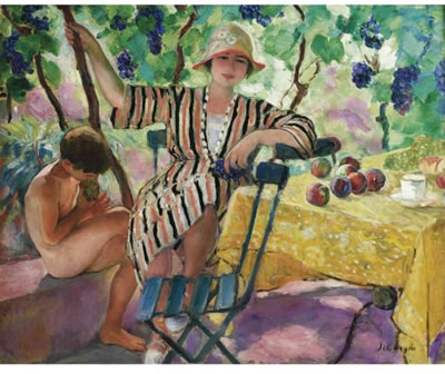 Henri Baptiste Lebasque : SAINT-TROPEZ, AU JARDIN EN ÉTÉ (PIERRE ET NONO SOUS LA TREILLE)