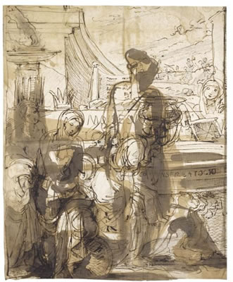 Fortunato Duranti : RECTO: STUDIES FOR AN ADORATION AND THE FINDING OF MOSES AND OTHER STUDIES, A CLASSICAL BUILDING IN THE BACKGROUND; VERSO: THE FINDING OF MOSES AND A LANDSCAPE WITH CLASSICAL BUILDINGS AND A STUDY OF A HEAD WITH A HELMET IN THE SHAPE OF A SNAIL