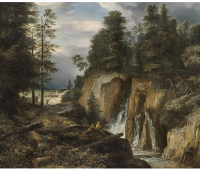 Roeland Roghman : ROCKY LANDSCAPE WITH A WATERFALL AND TWO FIGURES RESTING