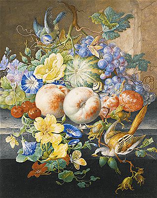 Herman Henstenburgh : STILL LIFE OF FLOWERS AND FRUITS, WITH TWO BIRDS