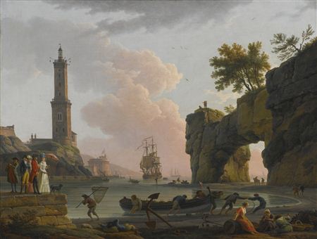 Claude-Joseph Vernet : MEDITERRANEAN HARBOR AT SUNSET WITH THE ARTIST, HIS DAUGHTER EMILIE CHALGRIN, HIS SON CARLE VERNET, HIS DAUGHTER-IN-LAW, FANNY MOREAU, AND HIS SERVANT SAINT-JEAN, ON A PIER, A LIGHTHOUSE AND A NATURAL ARCH BEYOND