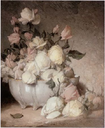 John Ferguson Weir : Roses in a Porcelain Bowl