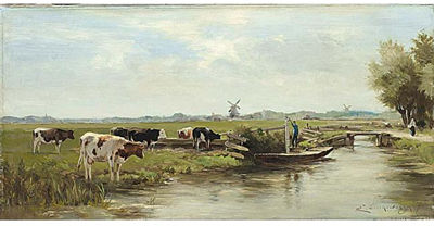 Adrianus Johannes Groenewegen : COWS NEAR THE WATERSIDE