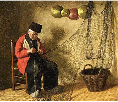 Wilhelm Gdanietz : A VOLENDAM FISHERMAN IN AN INTERIOR