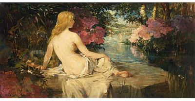 Hobbe Smith : A SEATED FEMALE NUDE IN A LANDSCAPE