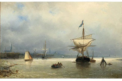 Nicolaas Riegen : SAILING VESSELS IN AN ESTUARY, AMSTERDAM IN THE DISTANCE