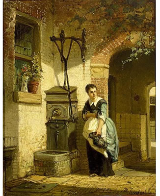 Johann Anthonie Balthasar Stroebel : A KITCHEN MAID IN A COURTYARD