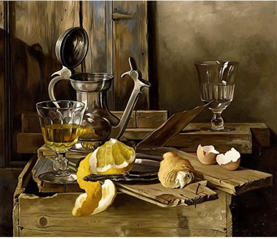 Jan Nagtegaal : A STILL LIFE WITH A PEELED LEMON, GLASSES AND EGGSHELLS