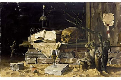 Jan Nagtegaal : A STILL LIFE WITH A VIOLIN, SKULL, GLASS, MANUSCRIPT, AND BOOK ALL ON A TABLE