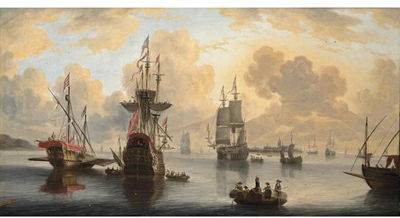 Pieter van den Velde : A GALLEY, A MAN-OF-WAR AND MERCHANTMEN, TOGETHER WITH OTHER SAILING VESSELS AND ROWING BOATS, A VIEW OF A TOWN (ANTWERP?) BEYOND