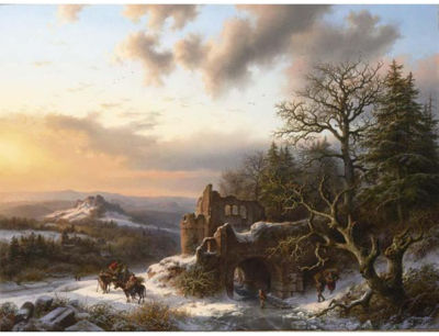 Barend Cornelis Koekkoek : WOOD-GATHERERS IN A WINTER LANDSCAPE