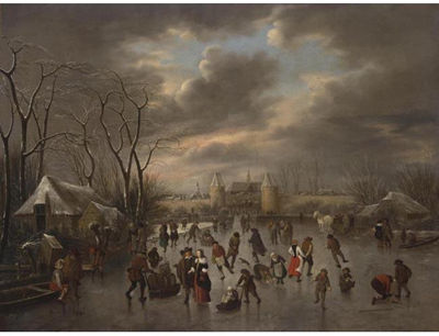 Klaes (Nicolaes) Molenaer : A WINTER LANDSCAPE WITH A VIEW OF HAARLEM FROM THE NORTH WITH THE EENTJES OR LEIDSE WATERPOORT AND THE LANGEBRUG, AND A VIEW OF THE ST. BAVO AND THE BAKENESSE CHURCH BEYOND