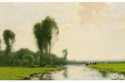 Cornelis Kuypers : A RIVER LANDSCAPE WITH COWS NEAR A STREAM