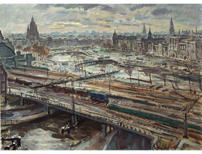 Jan Sluijters Junior : A VIEW OF THE CENTRAL STATION AND ST NICOLAAS CHURCH, AMSTERDAM