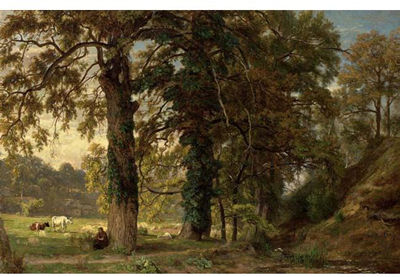 Theodore Fourmois : A COWHERDESS WITH HER CATTLE RESTING UNDER A TREE