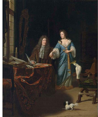 Michel van Muscher : A PORTRAIT OF AN ELEGANT COUPLE BEHIND A TABLE IN AN ELABORATE INTERIOR WITH A CHINESE LACQUER DRAWER ACCOMPANIED BY A DOG AND A COCKATOO ON A CHAIR