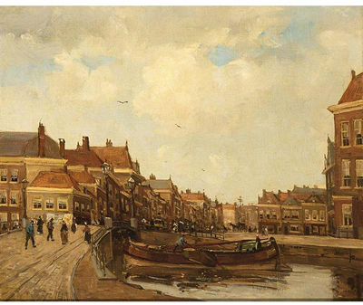 Kees Van Waning : Moored Boats in a Dutch Town