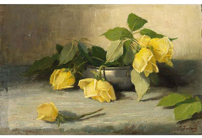 Constantia Arnola Balwe : A Still Life with Yellow Roses in a Pewter Pot