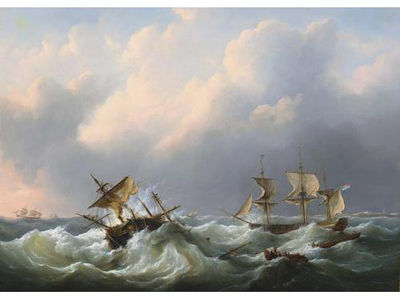 Martinus Schouman : A Dutch Brig Coming to the Aid of a Frigate in Distress