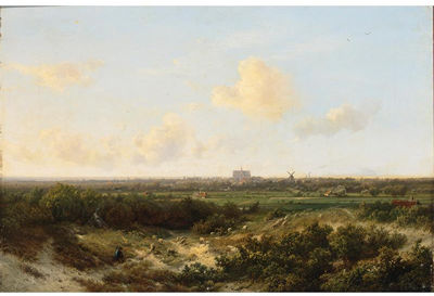 Pieter Lodewijk Francisco Kluyver : AN EXTENSIVE LANDSCAPE NEAR HAARLEM WITH THE SAINT BAVO CATHEDRAL IN THE DISTANCE