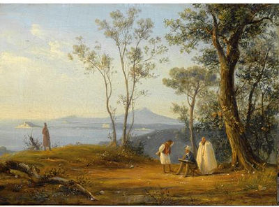 Antonie Sminck Pitloo : A PAINTER AT WORK IN AN ITALIANATE COASTAL LANDSCAPE