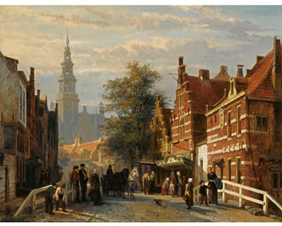 Cornelis Springer : GEZICHT ACHTER HET STADHUIS TE BOLSWARD (A VIEW OF BOLSWARD WITH THE TOWNHALL IN THE DISTANCE)