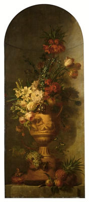 Willem Van Leen : An elaborate still life with lilies, tulips, roses, morning glory, auricula, hyacinths, an imperial crown and other flowers in a terracotta vase